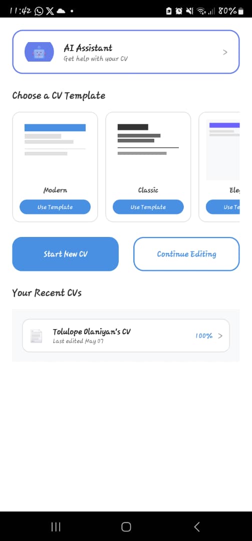 CV Builder AI Android dashboard with AI assistant, templates, and recent CV progress